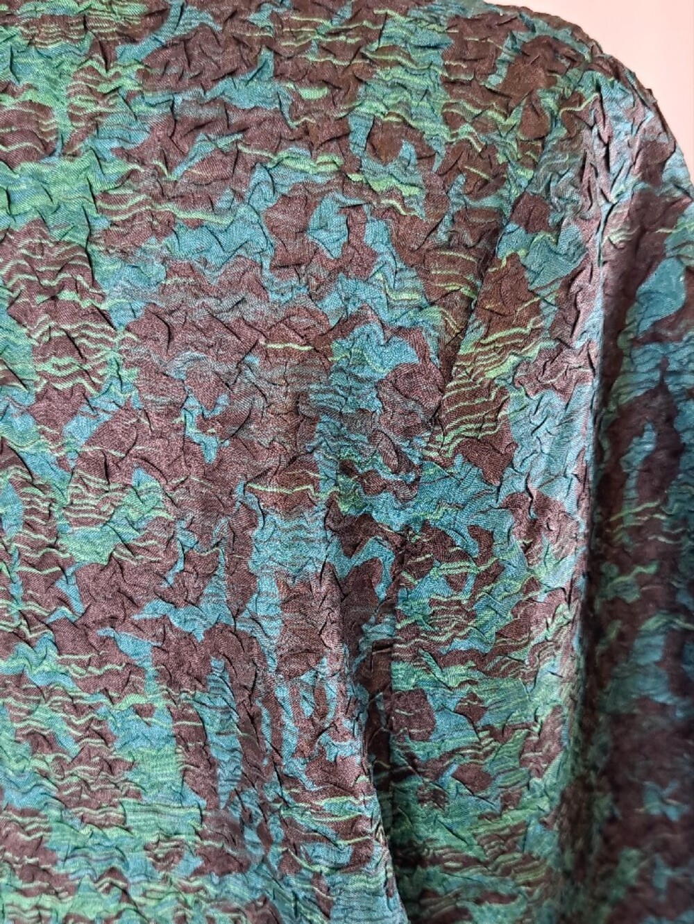 Funky Teal Lightweight Floral Tapestry Crinkle Knit Duster Coat Artsy Boho Sz L - Picture 8 of 12